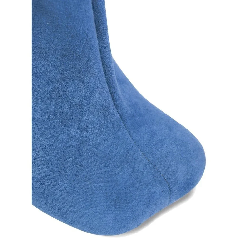 Women's Blue Wide Calf Square Toe Stiletto Heels Knee High Suede Boots